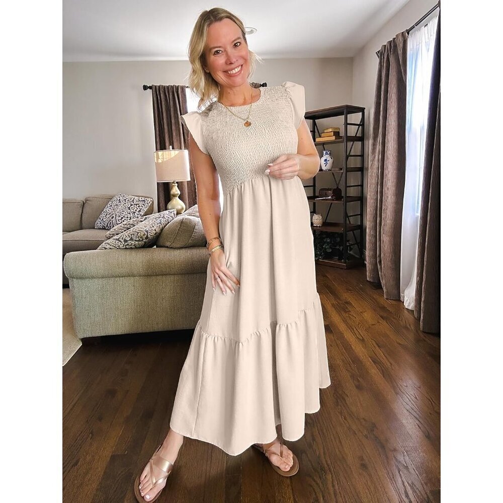 Women's Polyester Maxi Dress with Pockets Ruffle Sleeves Casual Chic - Picture 2 of 5
